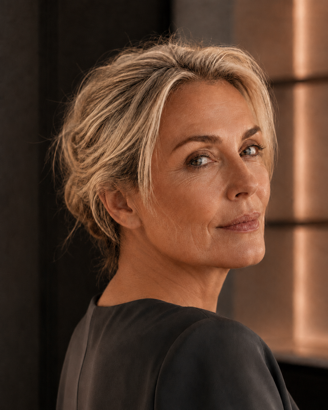 Portret van een vrouw met warm rood licht op haar gezicht en hals