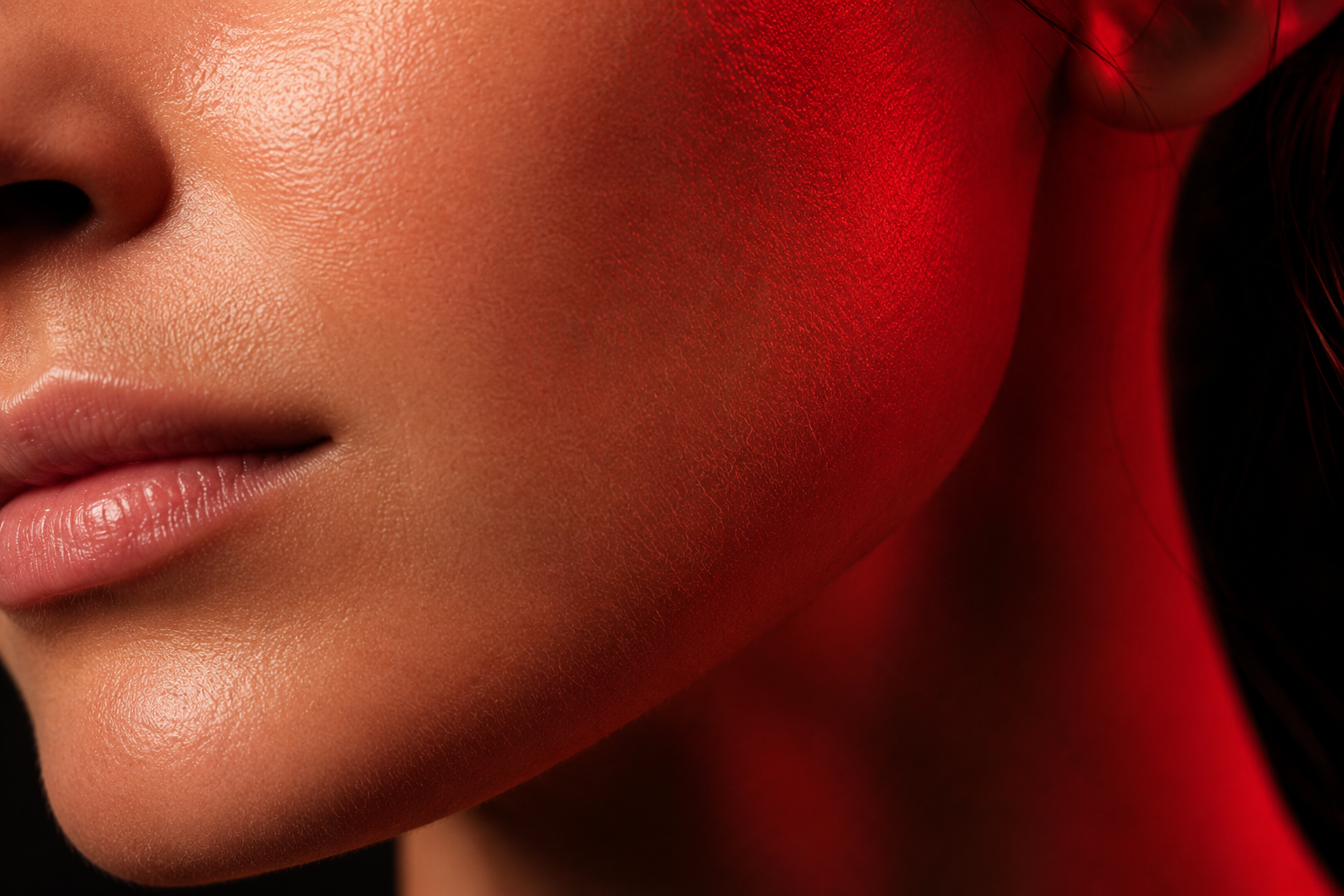 Close-up van huid onder zacht rood licht