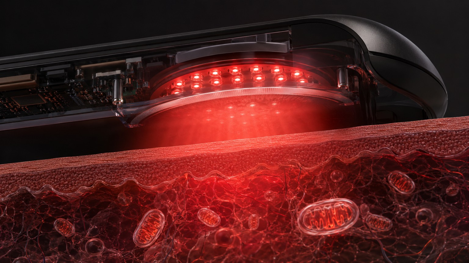 Rood licht LED-apparaat boven huidlaag met cellen — visualisatie