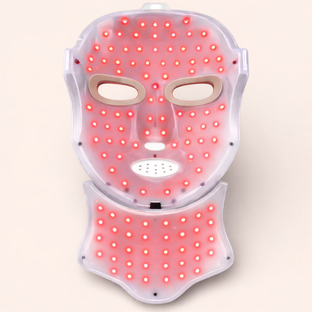 LED lichttherapie masker met halsstuk – binnenzijde met 90 rode LED-lampjes in het gezicht en 30 in het nekgedeelte, gelijkmatig verdeeld voor volledige dekking