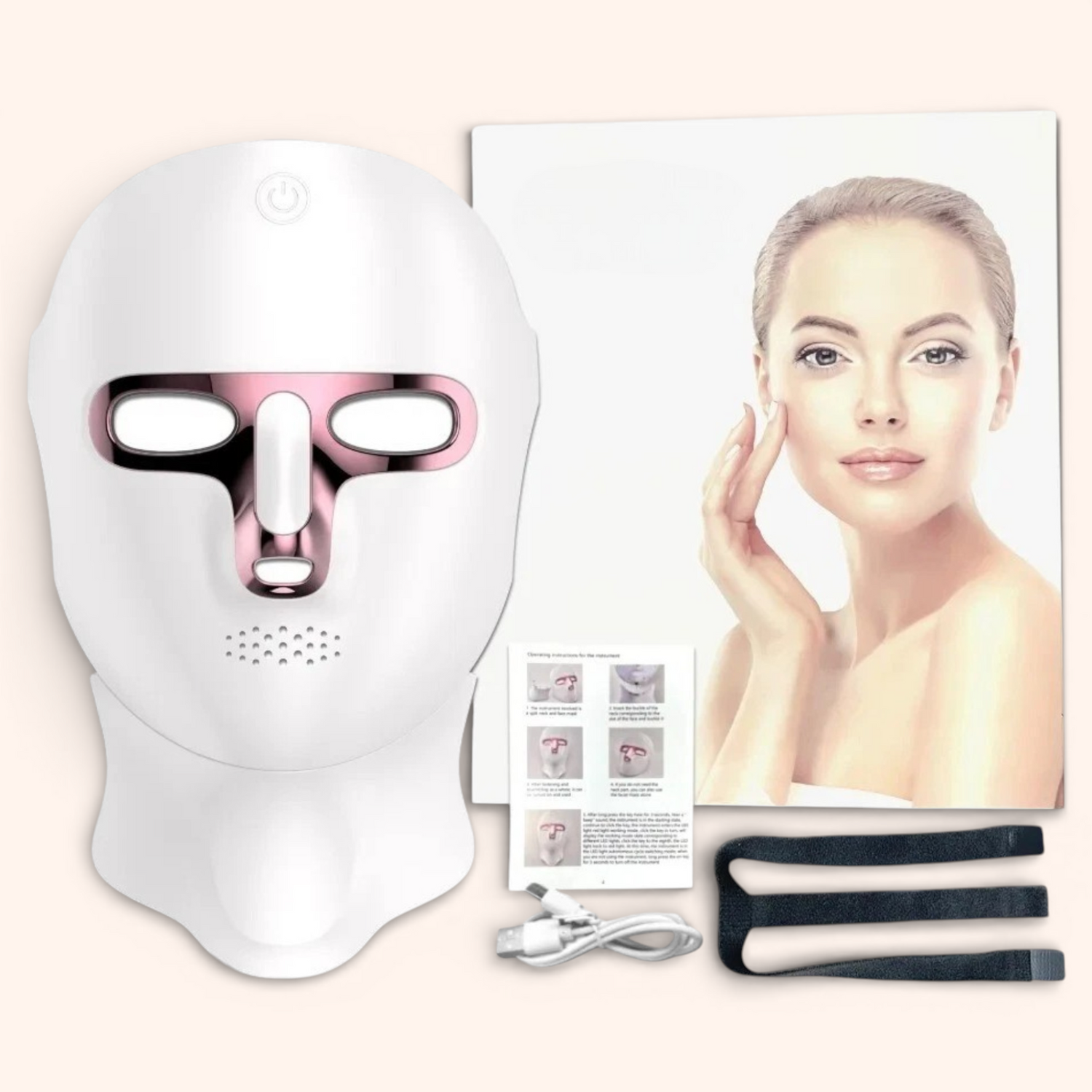 Complete set roodlicht gezicht- en halsmasker met handleiding, USB-kabel en bevestigingsband op beige achtergrond