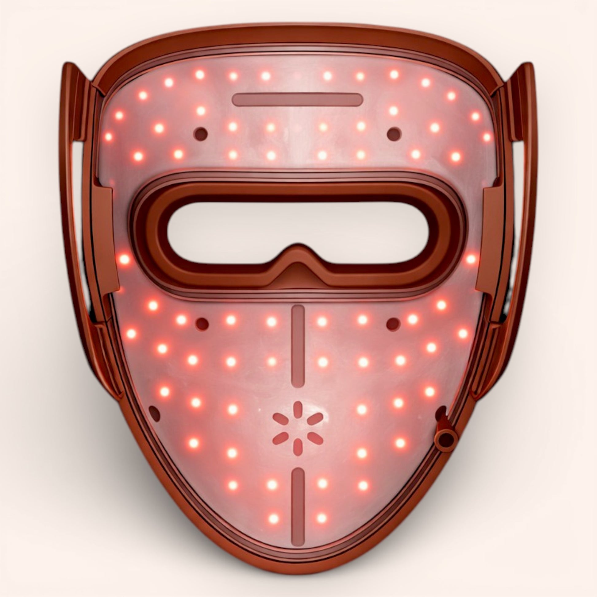 Binnenzijde van Red Light Therapy masker met zichtbaar LED-patroon en gezichtscontour