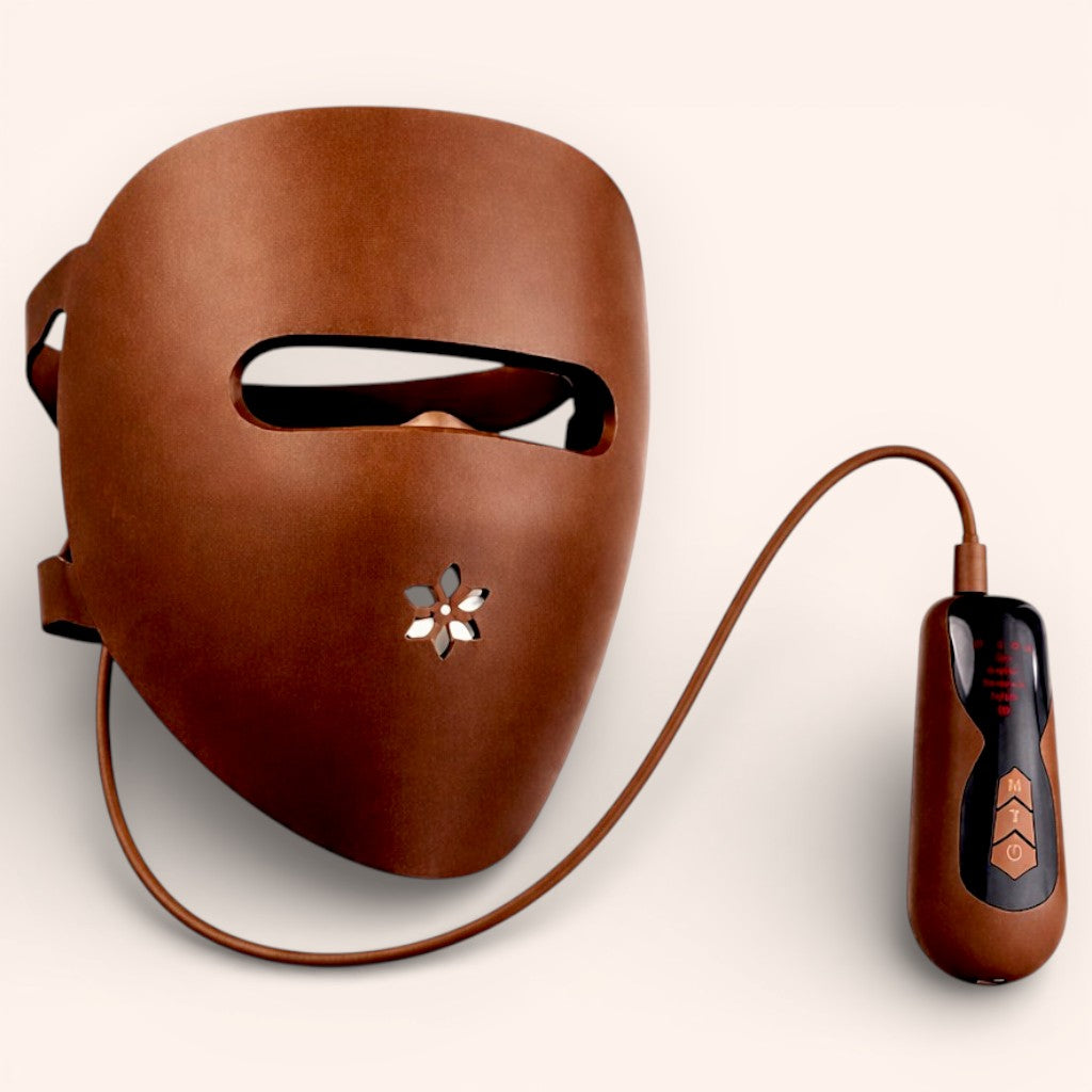 red light therapy face mask met verstelbare bevestigingsbanden en matte siliconen afwerking