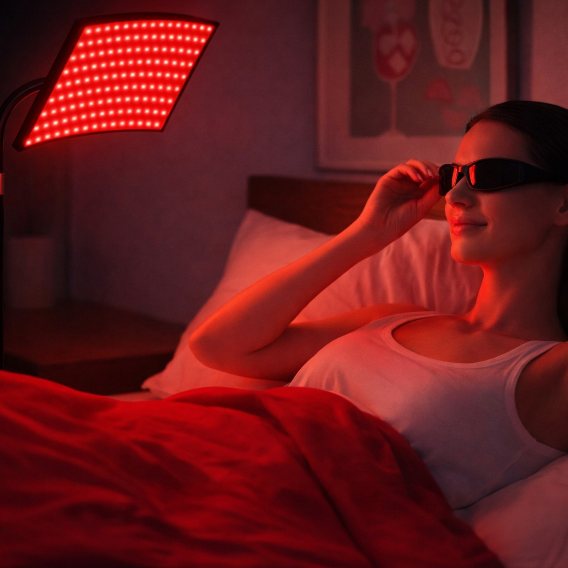  ArcRise roodlichtpaneel op vloerstandaard in gebruik (red light therapy lamp), 660nm rood + 850nm near-infrared (NIR)
