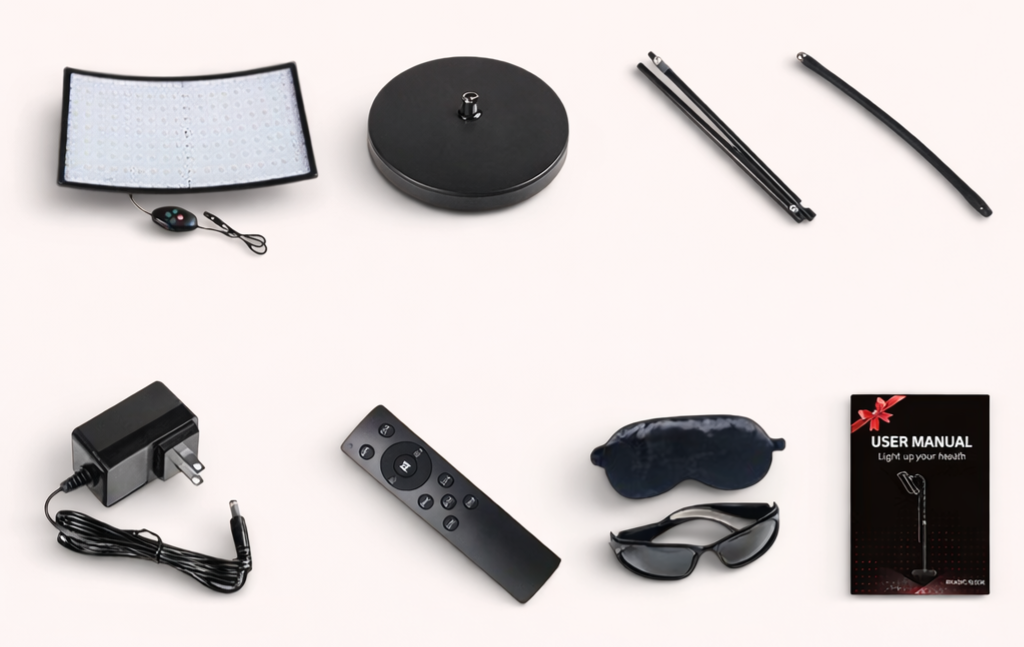 ArcRise accessoires: adapter, afstandsbediening en oogbescherming voor roodlichtpaneel (red light therapy panel) 660nm/850nm NIR